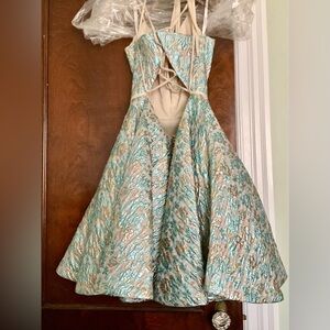 JOVANI Metallic floral silk & tulle dress with bustier & corset back